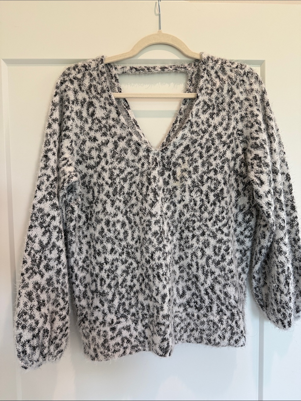 Liverpool Black and White Leopard Fuzzy V-Neck Sweater